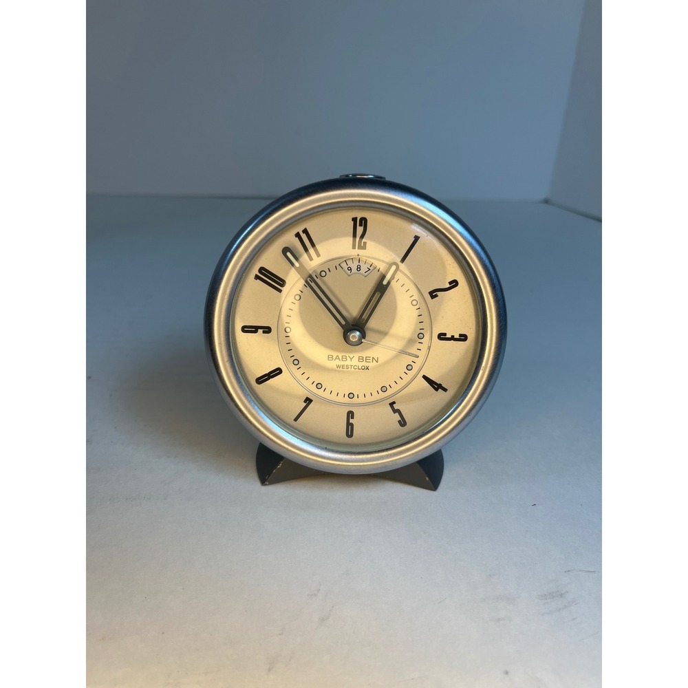 Vintage Westclox Baby Ben Alarm Clock Grey Silver Mid Century Modern